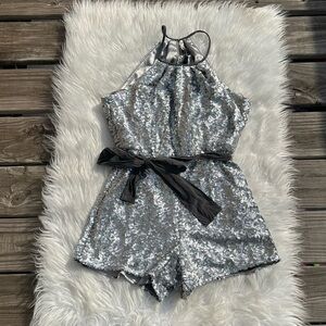 JAYGODFREY Silver Sequin Tie Waist Jumpsuit Size 0